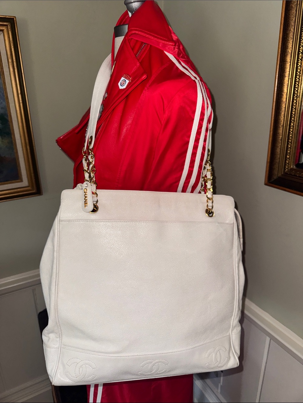 CHANEL XL Vintage Triple CC White Leather Shoulder Tote Bag Purse Gold Chain
